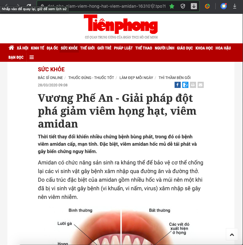 (Báo Tiền Phong)Vương Phế An - Giải pháp đột phá giảm viêm họng hạt, viêm amidan
